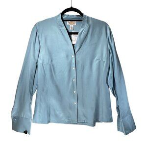 NWOT Talbots Womens 10 Blue Silk Wool Blend Blouse Button Up V Neckline Elegant